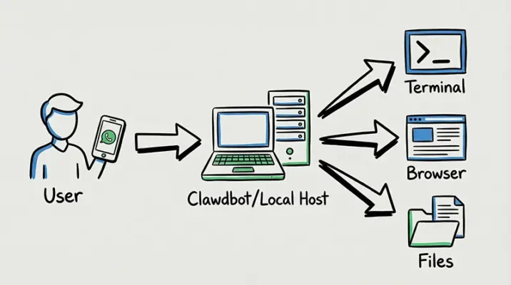 Diagram showing how Clawdbot connects WhatsApp messages to local root access and shell commands.