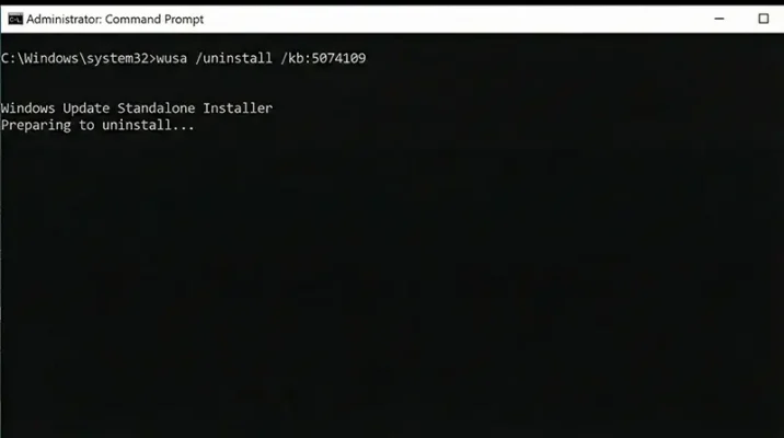 Administrator Command Prompt window showing the wusa force uninstall command for update KB5074109.
