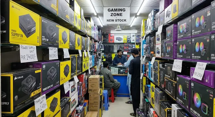 Computer hardware shop in Pakistan displaying gaming PC parts and power supplies for sale in Lahore and Karachi