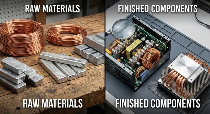 Raw copper materials used in manufacturing PC power supply cables and CPU cooler heat pipes