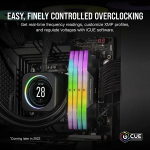 Graphic showing Corsair iCUE software interface overlaying installed RAM, highlighting voltage regulation features