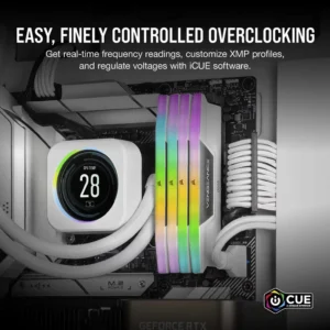Infographic showing installed white Corsair RAM with text about voltage regulation and overclocking via iCUE