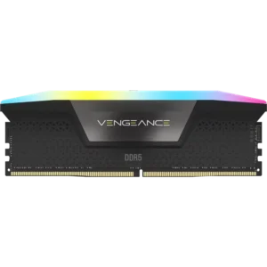 Front facing view of a single black Corsair Vengeance RGB DDR5 RAM stick showing the logo and light bar