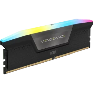 Isometric view of a single Corsair Vengeance RGB DDR5 black memory stick