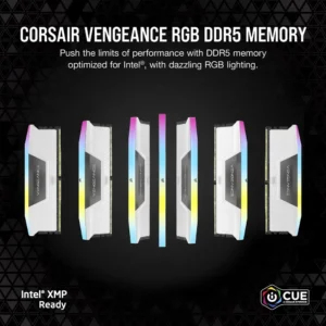 Multiple viewing angles of Corsair Vengeance RGB DDR5 white RAM modules highlighting Intel XMP Ready and iCUE compatibility