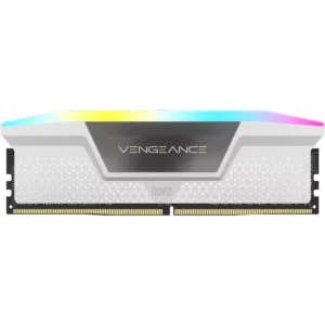 Front view of a single Corsair Vengeance RGB DDR5 white memory module showing the triangular pattern on the heat spreader