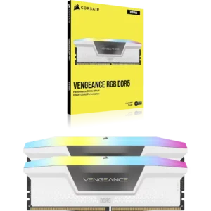 Retail packaging box for Corsair Vengeance RGB DDR5 standing behind two white memory modules