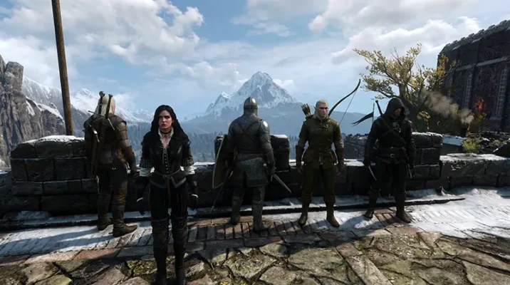 A party of diverse custom characters including a Sorceress and a Soldier in The Witcher 3 multiplayer mod to avoid clones.