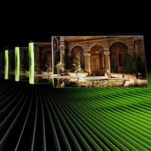 Abstract graphic visualization of DLSS technology generating high-resolution frames using AI.