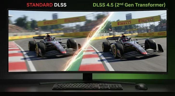 Side by side comparison showing heavy ghosting on the left versus clean AI upscaling on the right using DLSS 4.5.