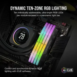 Graphic illustrating the dynamic ten-zone RGB lighting on Corsair Vengeance DDR5 modules installed in a PC