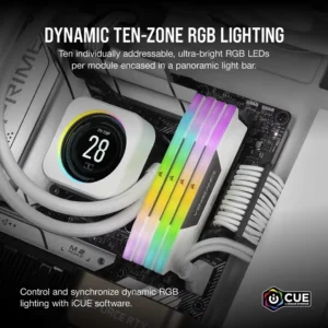 Top-down view of four installed white Corsair Vengeance RGB DDR5 modules showing dynamic rainbow lighting