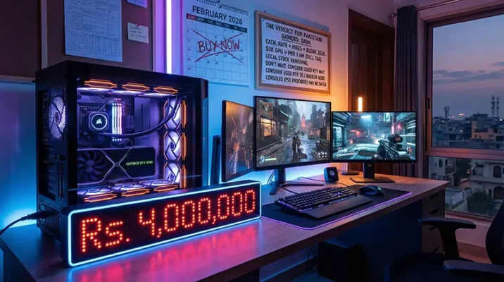 A high-end realistic gaming PC setup with RGB lighting and a digital LED display showing a price of Rs. 4,000,000 in a Pakistani setting.