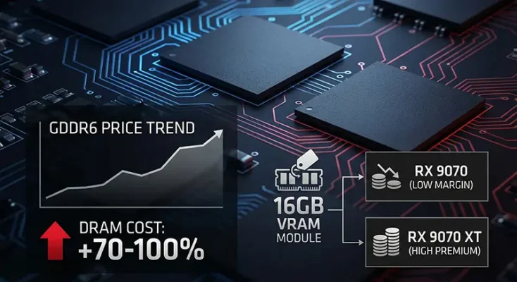 Chart showing a 70-100% price hike in GDDR6 memory costs and its impact on RX 9070 production margins.