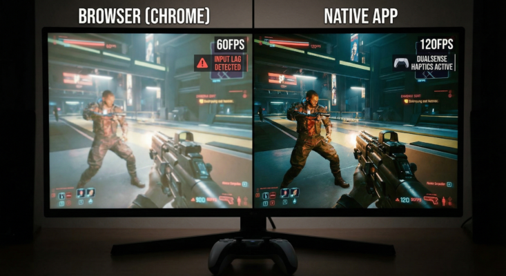 Comparison of GeForce NOW browser limits versus native app 4K resolution and 120FPS capabilities