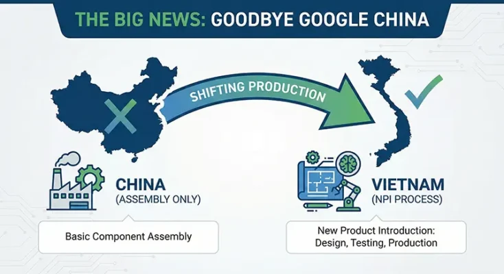Illustration of Google Pixel NPI process moving from Google China factories to Vietnam engineering hubs.