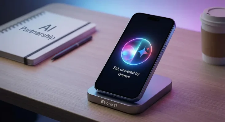 Apple iPhone 17 displaying the new Google Gemini powered Siri interface with a glowing blue and purple gradient on a desk.