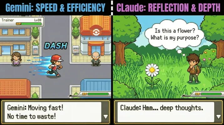 Comparison meme showing Google Gemini speedrunning Pokémon Blue versus Claude AI getting stuck in a reasoning loop.