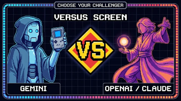 Illustration of Google Gemini competing against OpenAI and Claude AI to beat Pokémon Blue on a GameBoy in 2026.