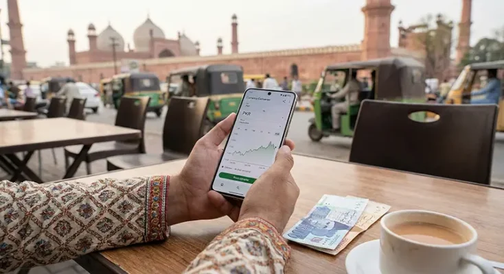 Google Pixel phone displayed with Pakistani currency indicating price and availability for local users.
