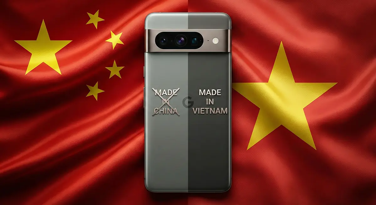 Google Pixel phone with Made in Vietnam text split against China and Vietnam flags representing the production shift from Google China.