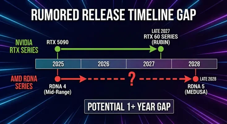 Timeline chart showing the AMD RDNA 5 release date delay to 2028 compared to the NVIDIA RTX 60 series 2027 launch.