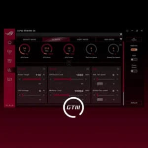 Interface of ASUS GPU Tweak III software used for tuning the ASUS Prime RTX 5070 Ti performance settings.