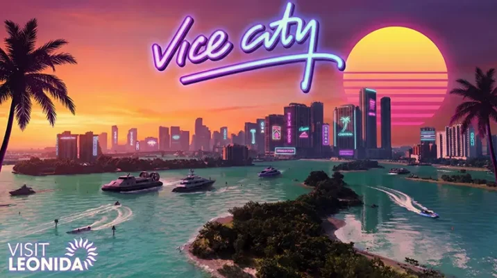A neon-lit panoramic view of Vice City in the state of Leonida with a retro synthwave sunset, promoting the GTA 6 release date.