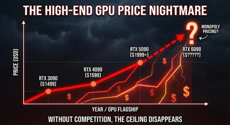 Line graph showing the rising cost of high end graphics cards from RTX 3090 to the projected price of the RTX 6090 without AMD competition.