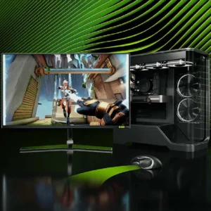 First-person shooter game displayed on a high refresh rate monitor powered by an RTX 5090 PC.