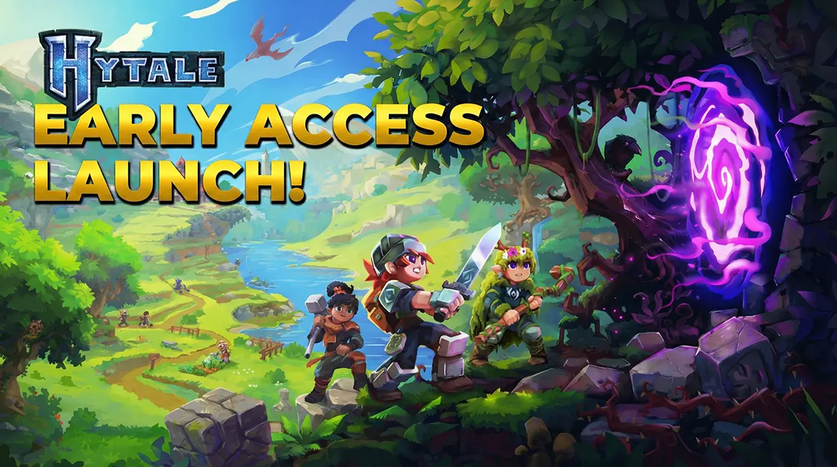 Hytale official game art showing characters and Orbis landscape for Early Access launch