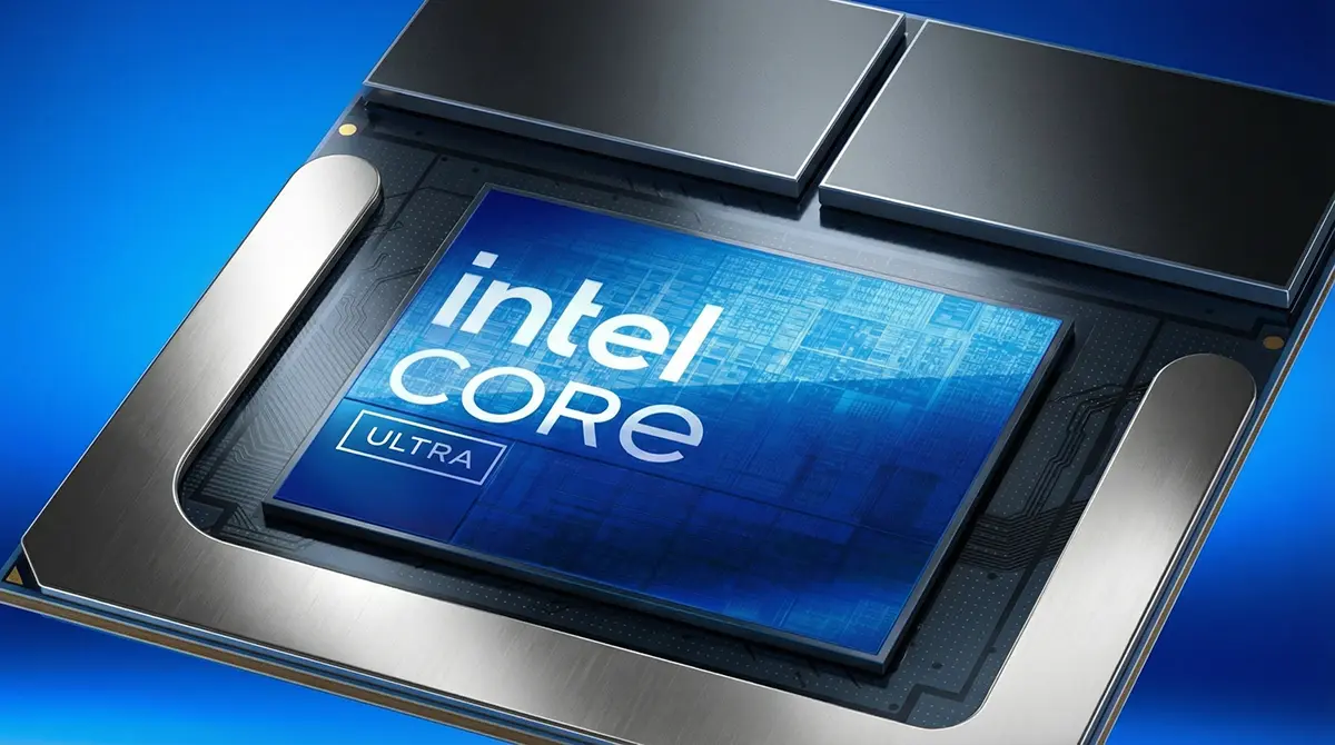 Close-up of Intel Lunar Lake Laptop processor die featuring integrated 32GB LPDDR5X memory next to the CPU tile.