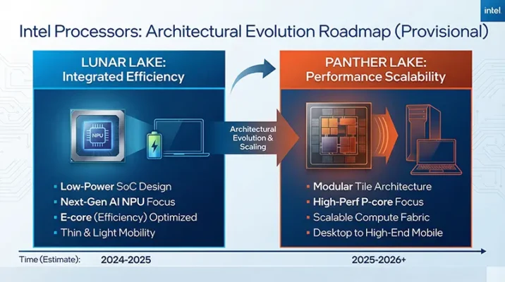 Intel architecture roadmap chart comparing Lunar Lake's integrated memory with Panther Lake's return to separate RAM modules.