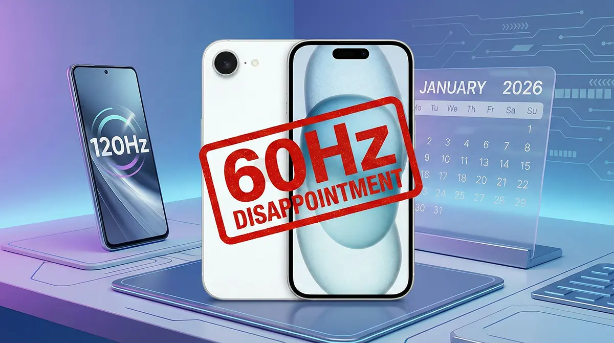 iPhone 17e labeled with 60Hz Disappointment stamp next to a modern 120Hz Android phone and 2026 calendar.