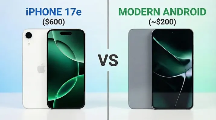 Side-by-side comparison of the iPhone 17e and a standard Android smartphone showing bezel and screen differences.