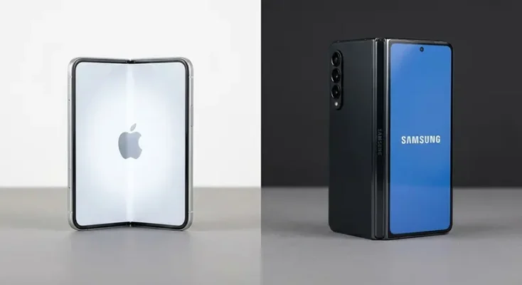 Side-by-side size comparison of the Apple iPhone Fold (left) and the Samsung Galaxy Z Fold 7 (right) showing screen aspect ratios.