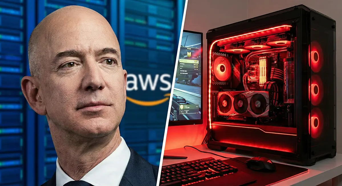 Jeff Bezos AWS cloud gaming vs custom high-end gaming PC with red RGB lighting comparison