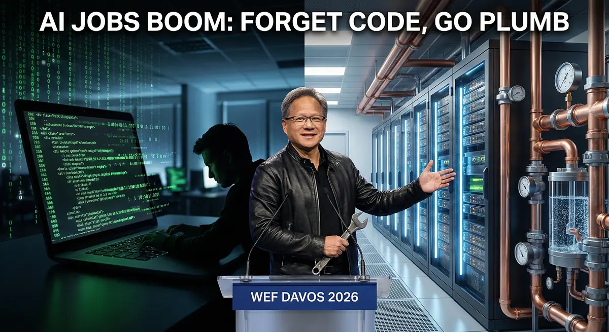 Jensen Huang featured image comparing a struggling coder with a high-tech industrial plumber in a server room at Davos 2026.