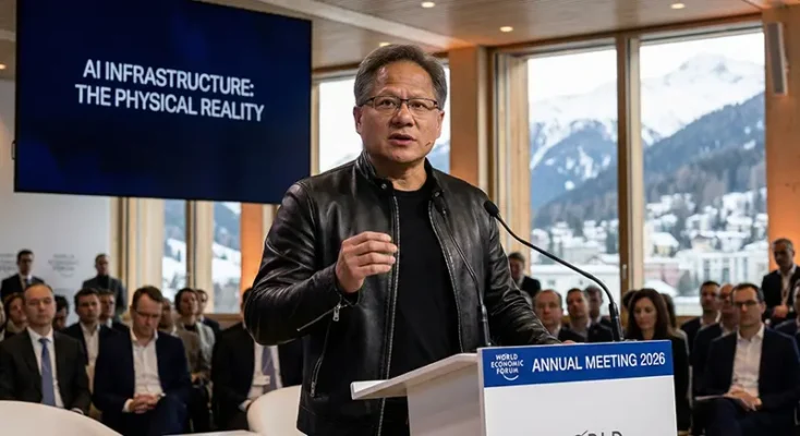 NVIDIA CEO Jensen Huang speaking at the World Economic Forum Davos 2026 about the rise of blue-collar AI jobs.