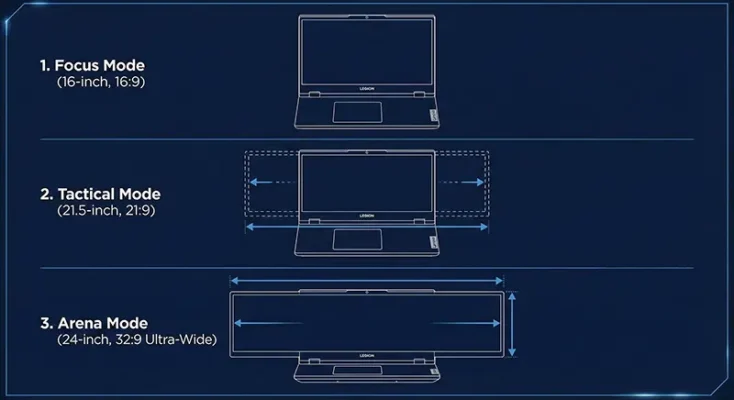 Comparison diagram of Lenovo Legion display modes: Focus (16-inch), Tactical (21.5-inch), and Arena (24-inch ultra-wide).