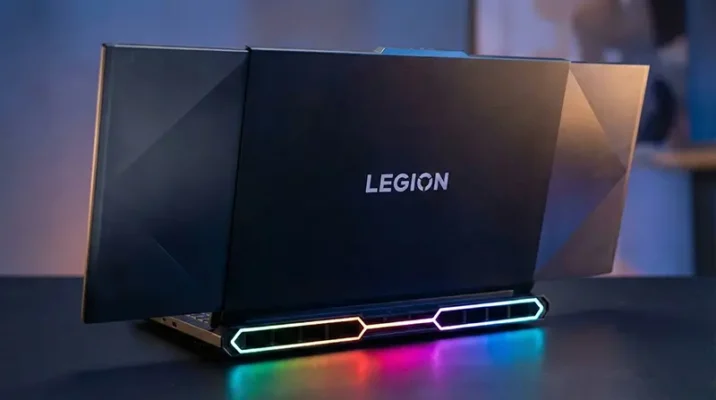 Rear view of a Lenovo Legion concept gaming laptop featuring an internal rolling mechanism for an expandable OLED display, with the Legion logo and RGB-illuminated cooling vents at the base.