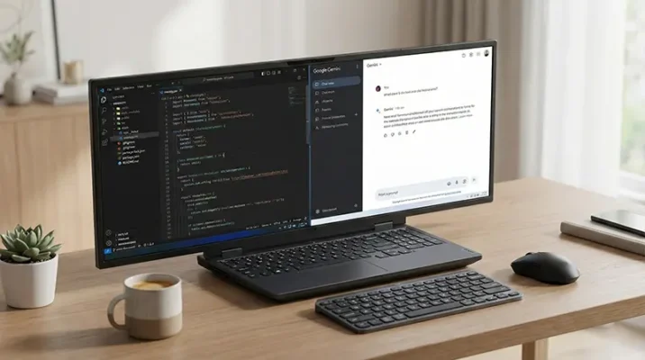 Lenovo Legion portable laptop used for productivity with VS Code and AI tools open side-by-side on a wide screen.