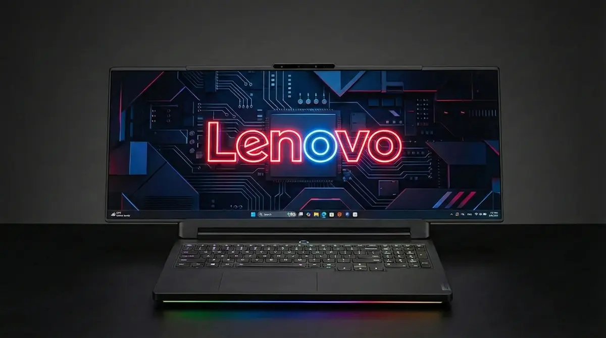 Lenovo Legion gaming laptop with flexible OLED screen physically expanding from 16 inches to ultra-wide 32:9 ratio at CES 2026.