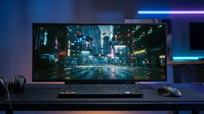 Lenovo Legion gaming laptop running a high-graphics game on an expandable 32:9 OLED screen powered by RTX 5090.