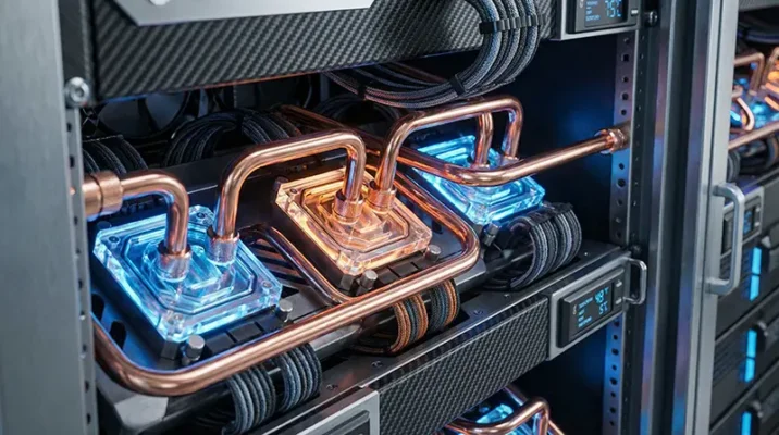 Direct-to-chip liquid cooling piping installed on NVIDIA Blackwell chips in a modern AI data center.