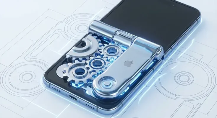 X-ray style exploded view of the iPhone Fold's liquid metal hinge mechanism showing durable gears and components.