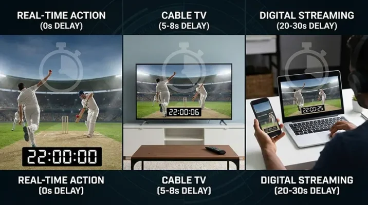 Infographic comparing live cricket latency: Real-time action at 0s delay, Cable TV with 5-8s delay, and Digital Streaming apps with 20-30s delay.