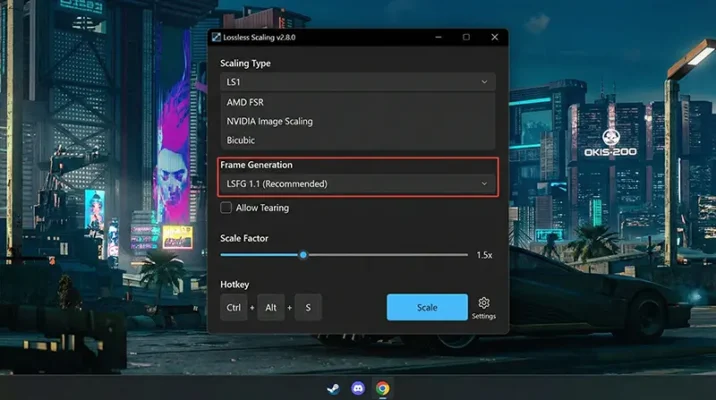 Lossless Scaling interface on Steam showing settings for game booster pc