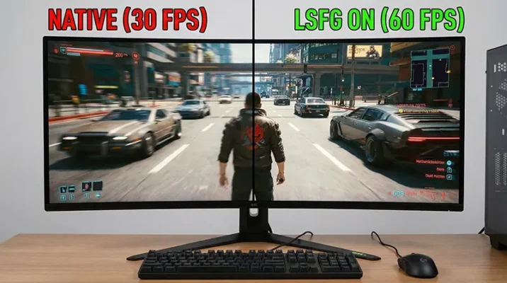 LSFG frame generation comparison showing fps boost on low spec experience