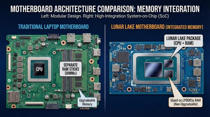 Diagram comparing a traditional laptop motherboard with separate RAM slots versus the Intel Lunar Lake design with soldered on-package memory.